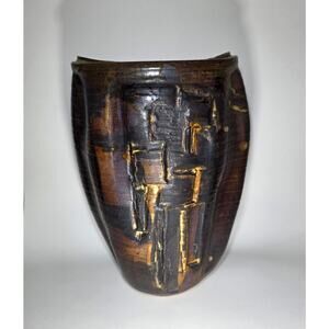 Handcrafted Studio Pottery Vase Abstract Brown Glaze Signed 13”